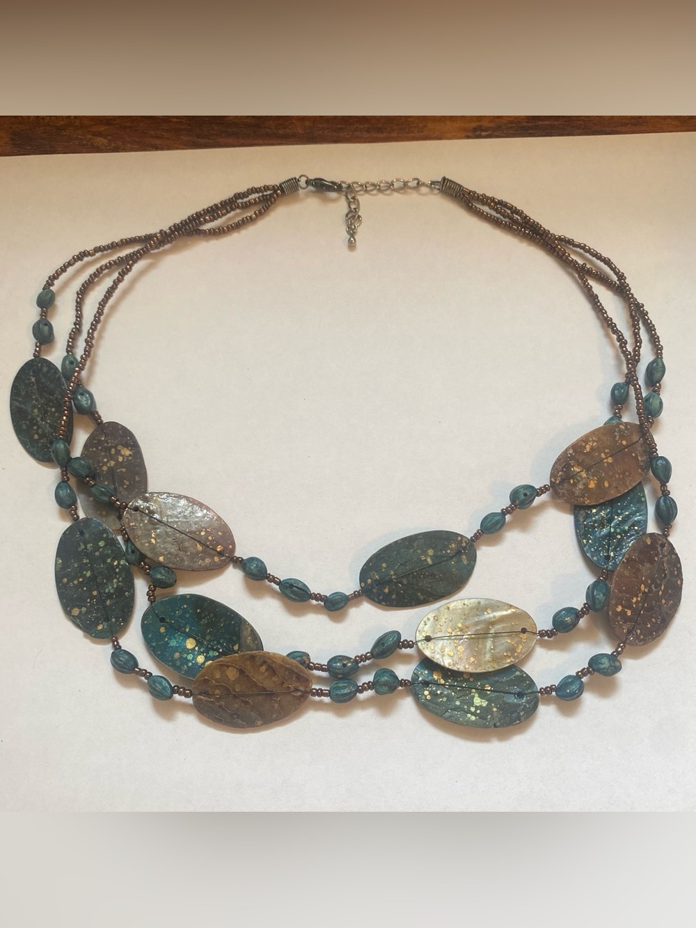 Multi-Strand Teal and Gold Speckled Oval Necklace